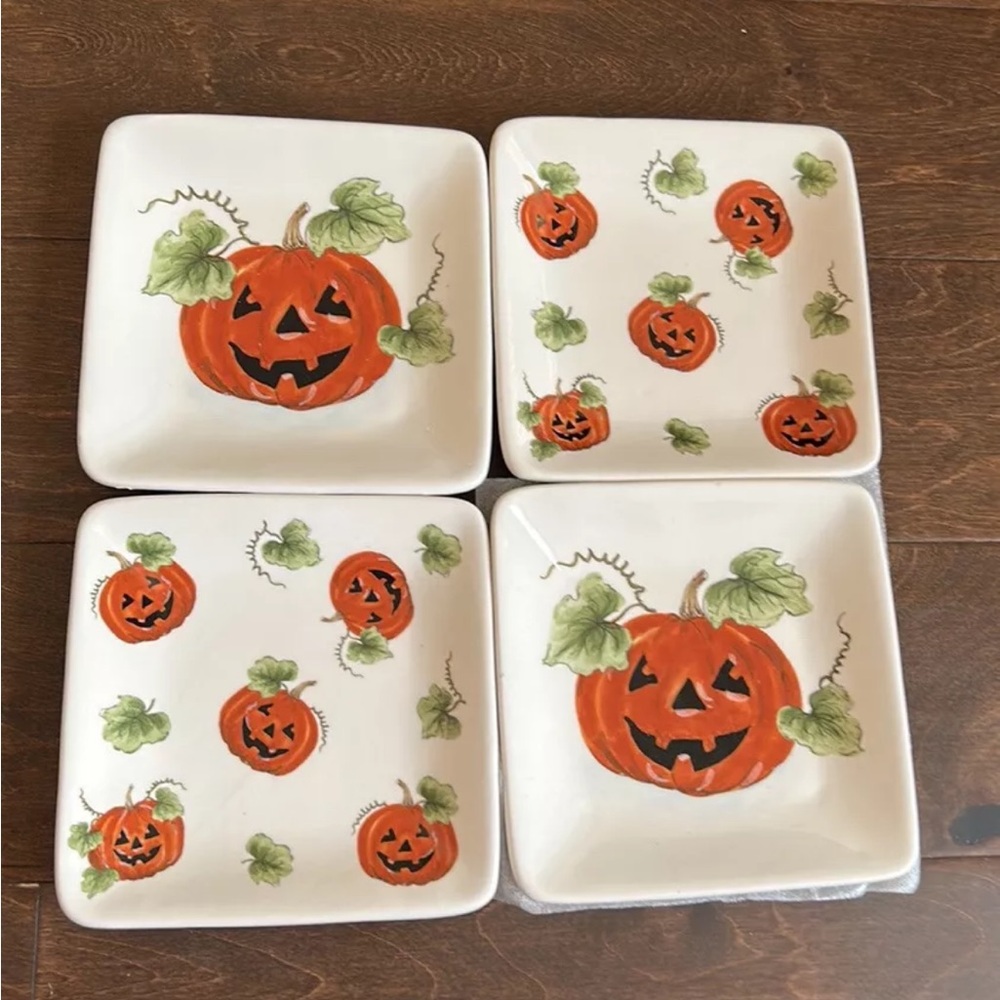 MAXCERA Set of 8 Pumpkin Jackolantern Halloween Dessert Appetizer Plates 6”x6”